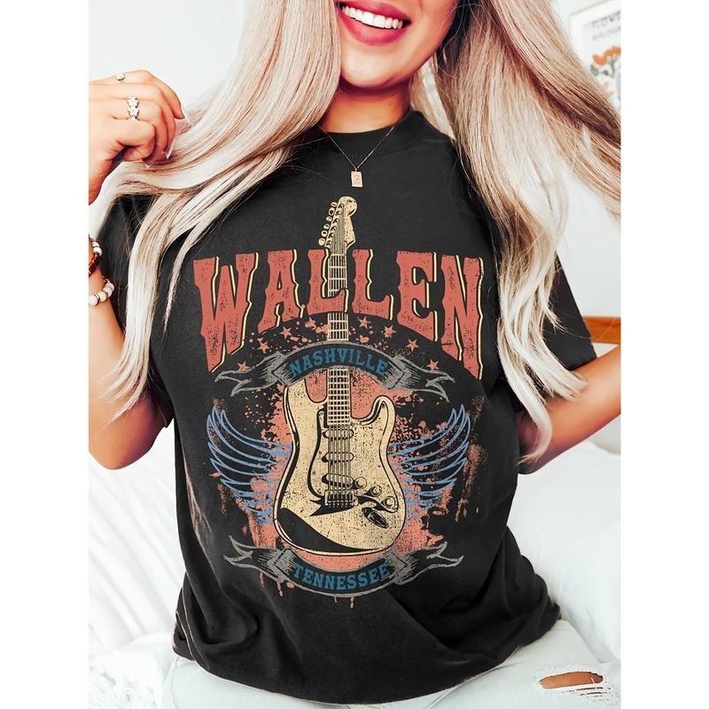 Casual Short Sleeve Guitar Print Crew Neck T-Shirt for Spring & Summer, Women's Clothing Hoodie Sweatshirt