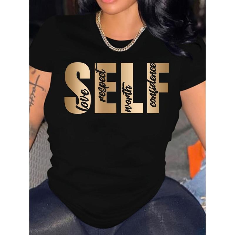 Casual Short Sleeve Letter Print Crew Neck T-Shirt for Spring & Summer, Women's Clothing style 04 Hoodie Sweatshirt