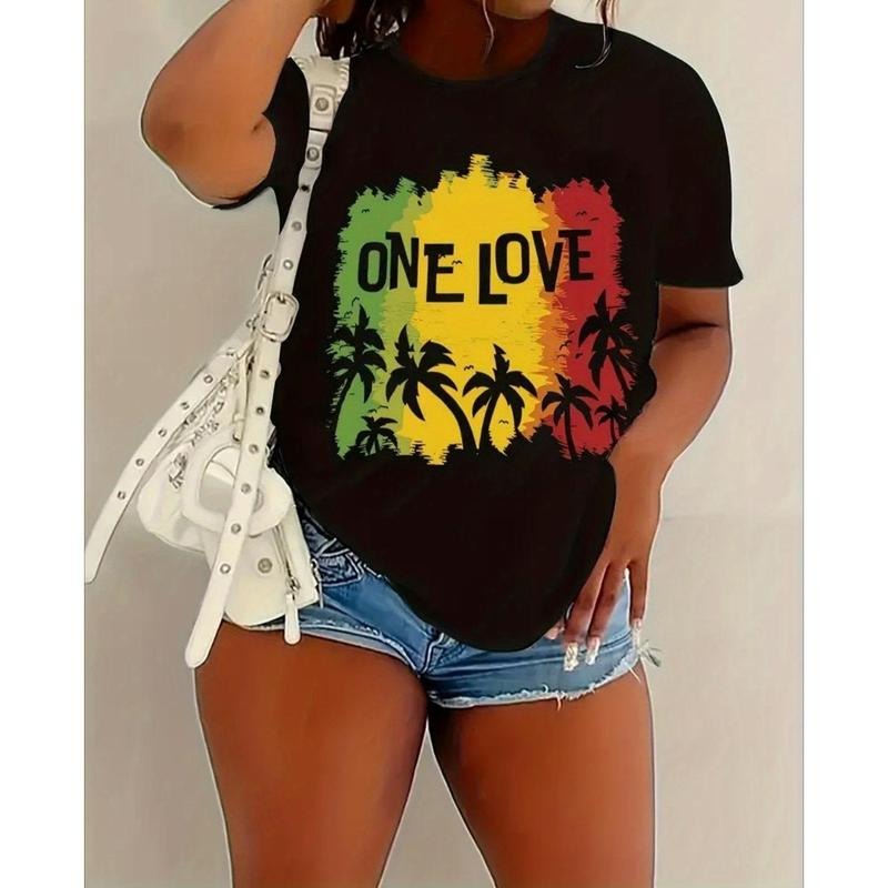 Casual T - Shirt with Tropical Vibe: "ONE LOVE" Motif and Palm Tree Silhouettes for a Relaxed Look style 02 Hoodie...