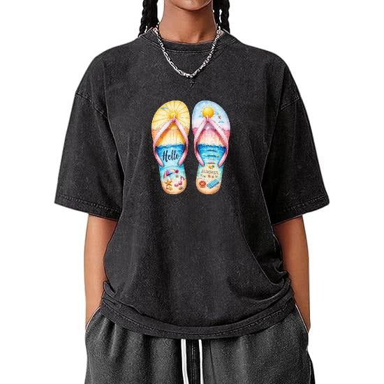 Casual Washed T - Shirt Evoking Summer Vibes: Colorful Flip - flops for a Laid