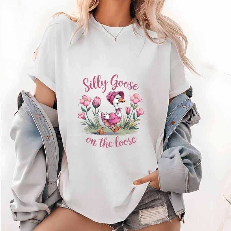 Casual Women's T - Shirt Featuring a Playful "Silly Goose" Theme and Flower