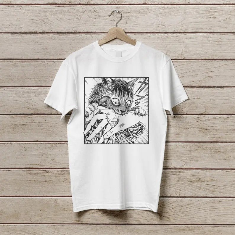 Cat Bite Tshirt, Japanese Horror Anime T-Shirt, Creepy Cat Shirt, Cats Crazy Shirts Cool Graphic Unisex T Shirts Top...