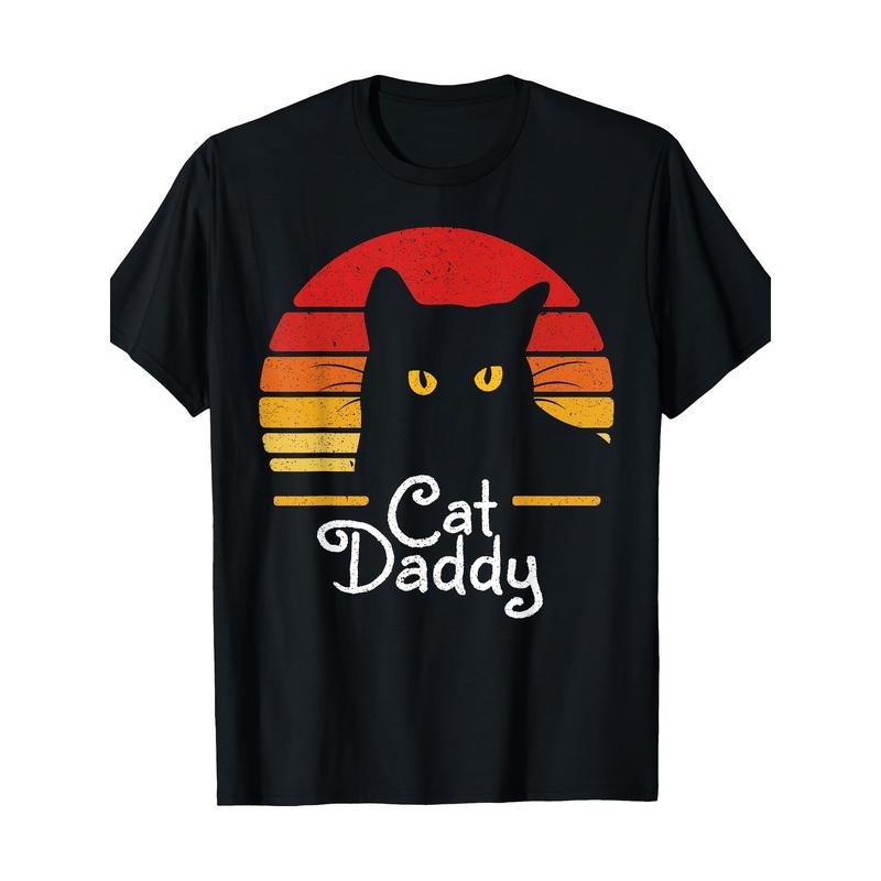Cat Dad Vintage 70s & 80s Black Cat Graphic Tee - Soft Cotton, Short Sleeve, Crew Neck T-Shirt for Men Made in USA Hoodie...