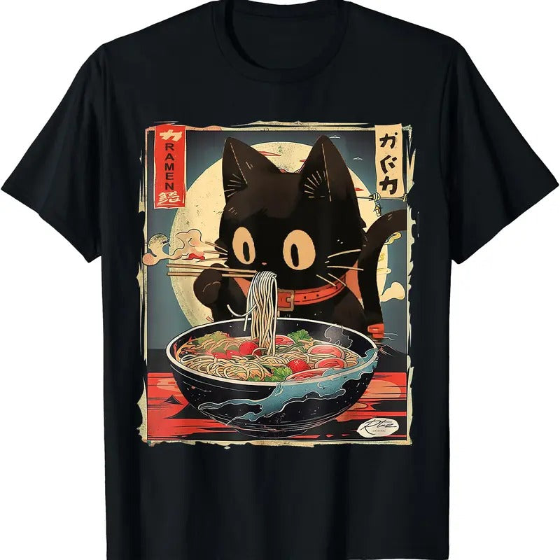 Cat Eating Ramen Noodles Anime Gift T-Shirt | Tee for Men & Women | Cotton Hoodie Sweatshirt | PrintMintTees.com