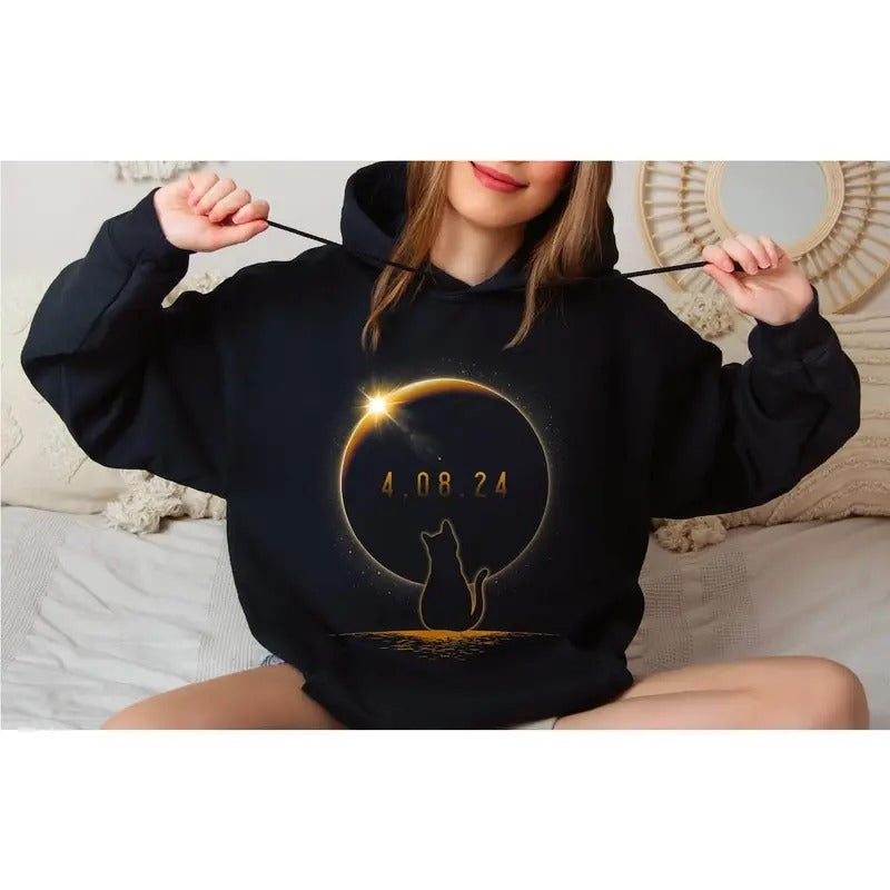 Cat Eclipse Watching Sweatshirt, Total Solar Eclipse 2024 Hoodie, April 8 2024 Shirt | PrintMintTees.com