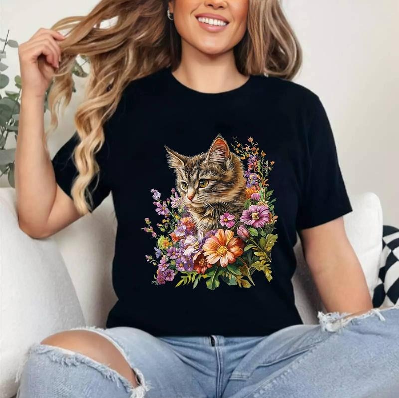 Cat Flower Floral Cute Kitten Graphic T-Shirt , Cotton 100%, Top Womenswear Hoodie Sweatshirt | PrintMintTees.com
