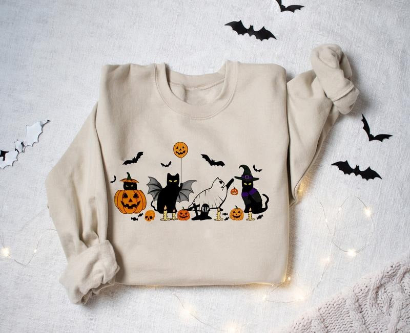 Cat Halloween Sweatshirt, Ghost Cat Halloween Shirt, Black Cat And Pumpkin Shirt, Pumpkin Fall Halloween Sweater,...