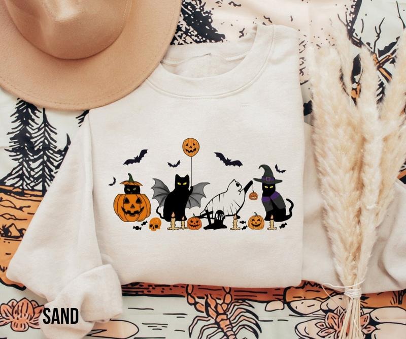 Cat Halloween Sweatshirt, Ghost Cat Shirt, Halloween Sweater, Halloween Cat Shirt, Cat Lover Shirt, Black Cat Shirt,...