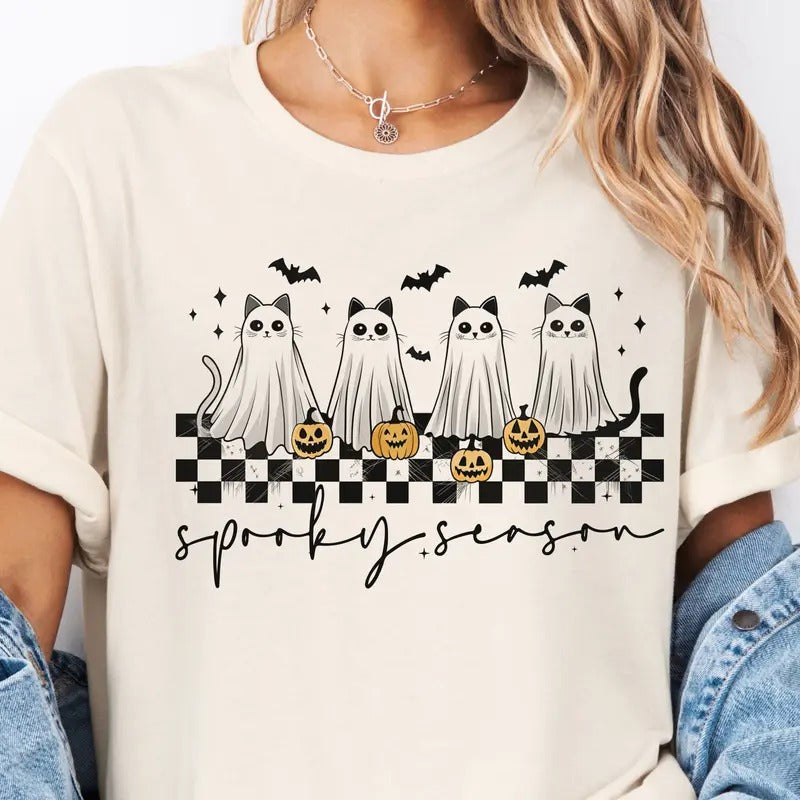 Cat Halloween Tee Spooky Season Cat Halloween Tshirt Funny Cat T-Shirt Cat Lover Halloween Top Retro Checkerboard Spooky...