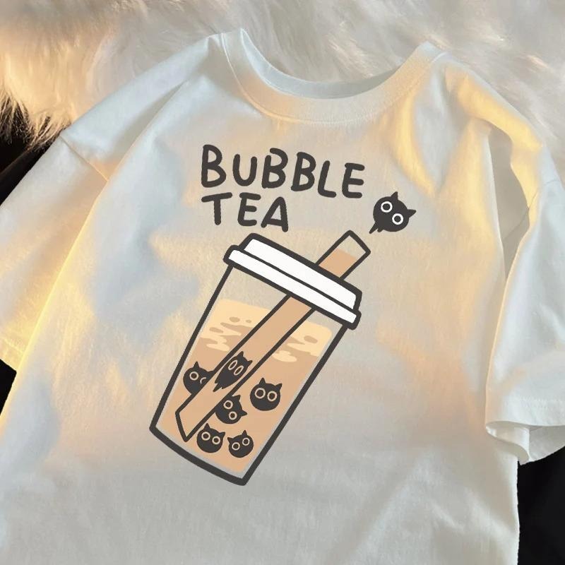 Cat Pearl Milk Tea Cartoon T-shirt T-shirt Clothing Casual T-shirt Refreshing Short Sleeve Vintage Women's Clothing...
