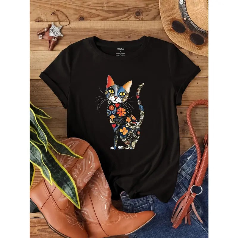 Cat Print Crew Neck T-Shirt, Casual Short Sleeve T-Shirt For Spring & Summer, Women's Clothing style 02 Hoodie Sweatshirt