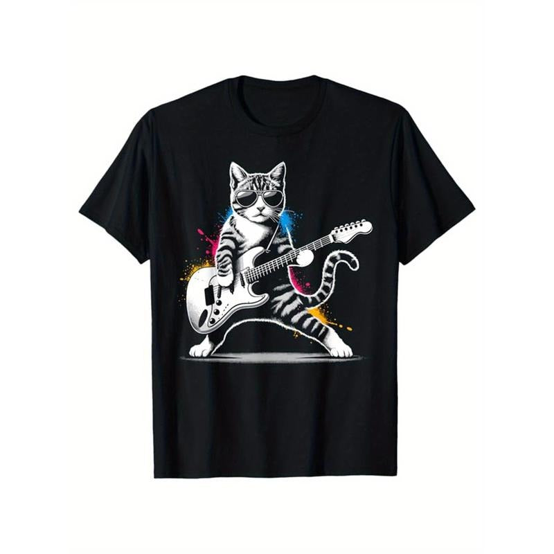 Cat Print Men'S Cotton T-Shirt, Pattern T-Shirt Men'S Outdoor Wear, Men'S Clothing, Casual Short-Sleeved Crew Neck...