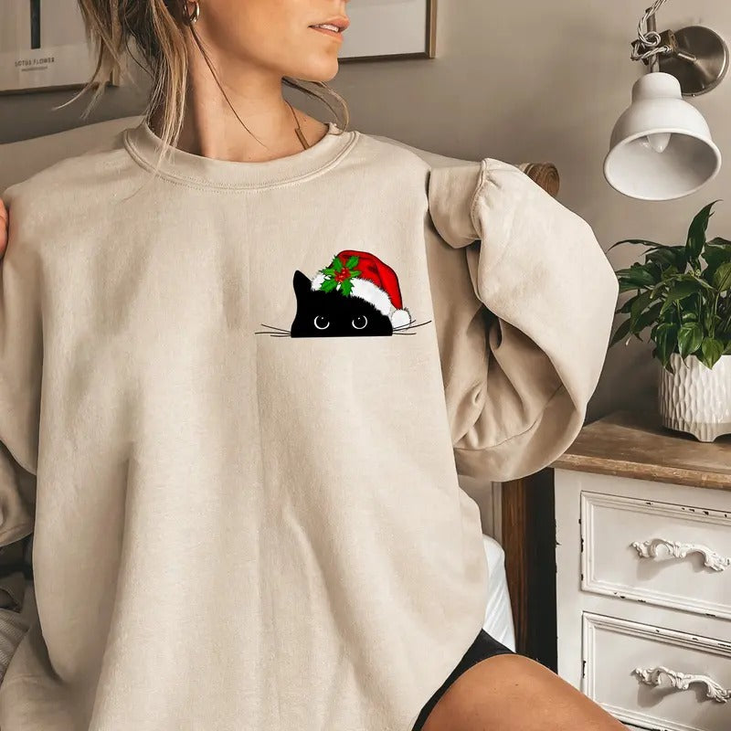 Cat Santa Christmas Sweatshirt, Cute Cat Sweatshirt, Black Cat Sweater, Cat Peeking Sweatshirt, Womens Cute Sweatshirt,...