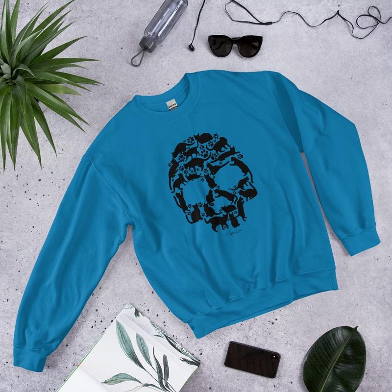 Cat Skull Graphic Crewneck Sweatshirt Shirt Hoodie | PrintMintTees.com