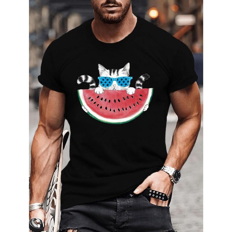 Cat With Watermelon Print T-Shirt, Tees For Men, Casual Crew Neck Short Sleeve T-shirt For Summer made in usa Hoodie...