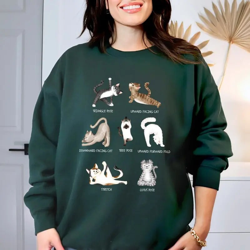 Cat Yoga Poses Sweater, Namaste Yoga Cat Sweatshirt, Cute Yogi Cat Longsleeve, Meditation Cat Crewneck Shirt Hoodie