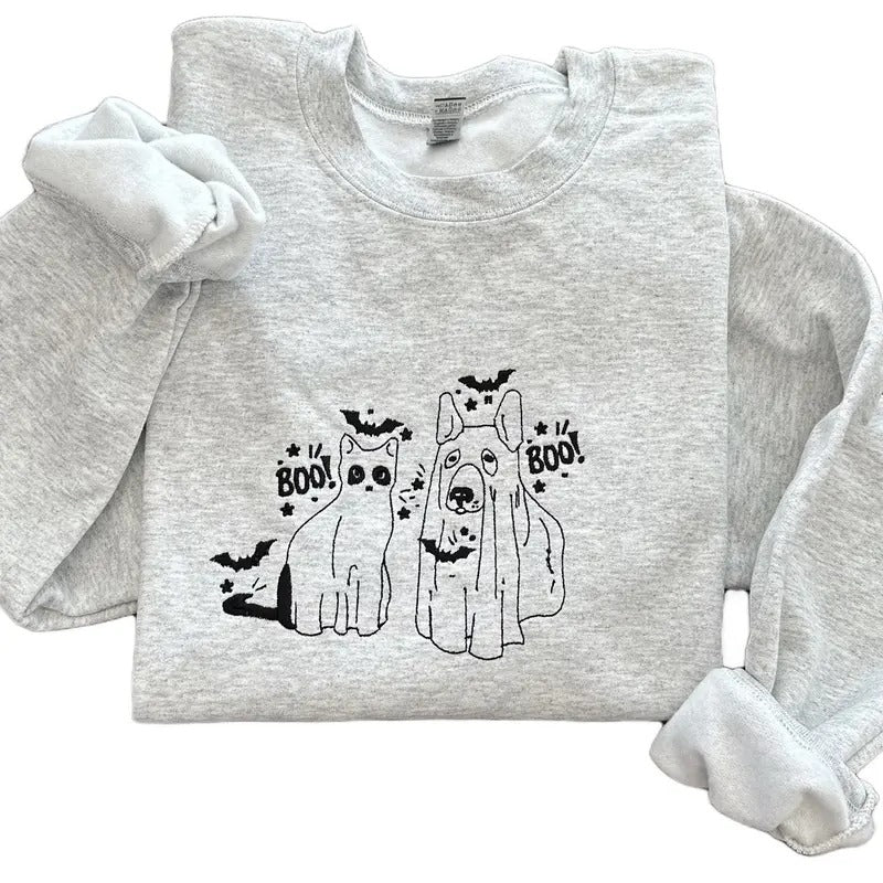 Cat and Dog Ghost Halloween Embroidered Crewneck Sweatshirt Comfort Shirt Hoodie | PrintMintTees.com