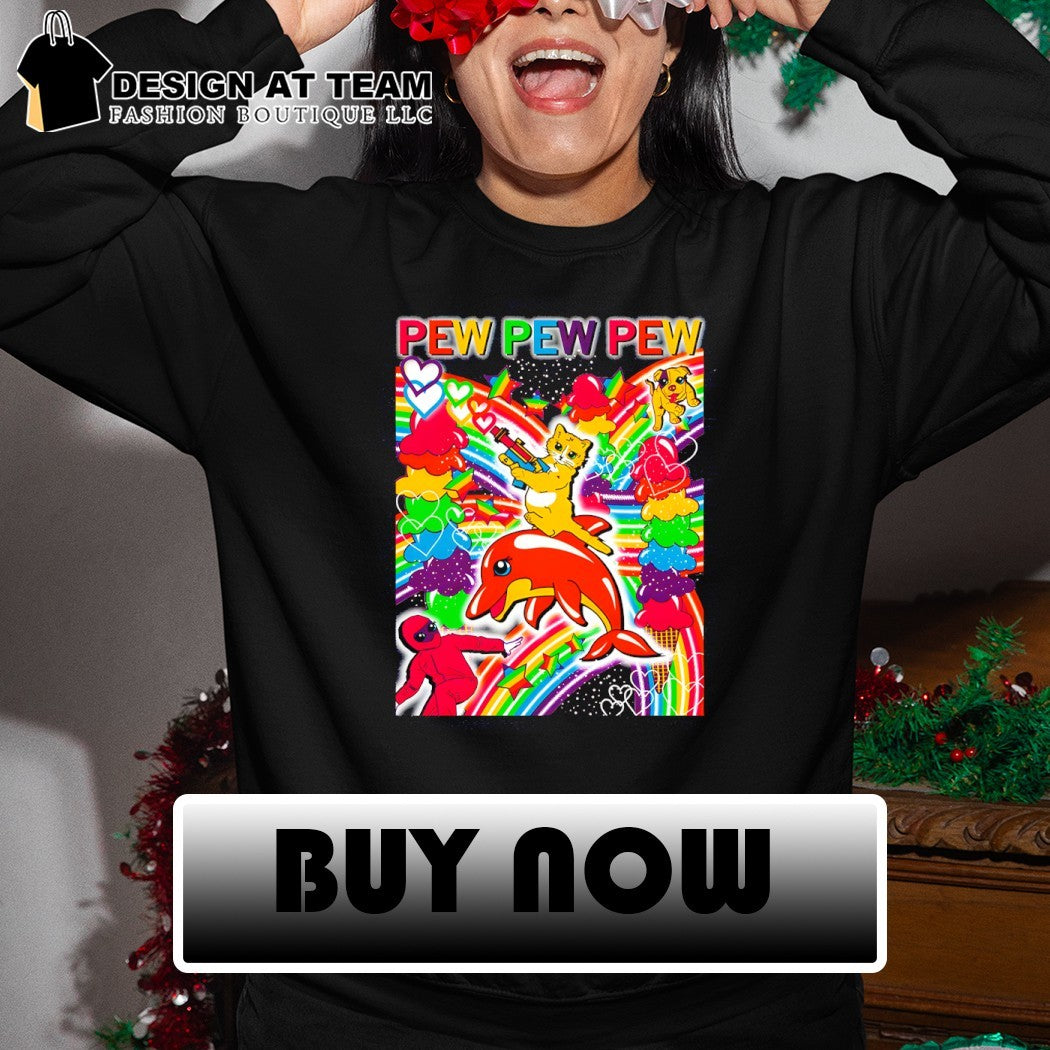 Cat dolphin Pew Pew Pew Lisa Frank shirt