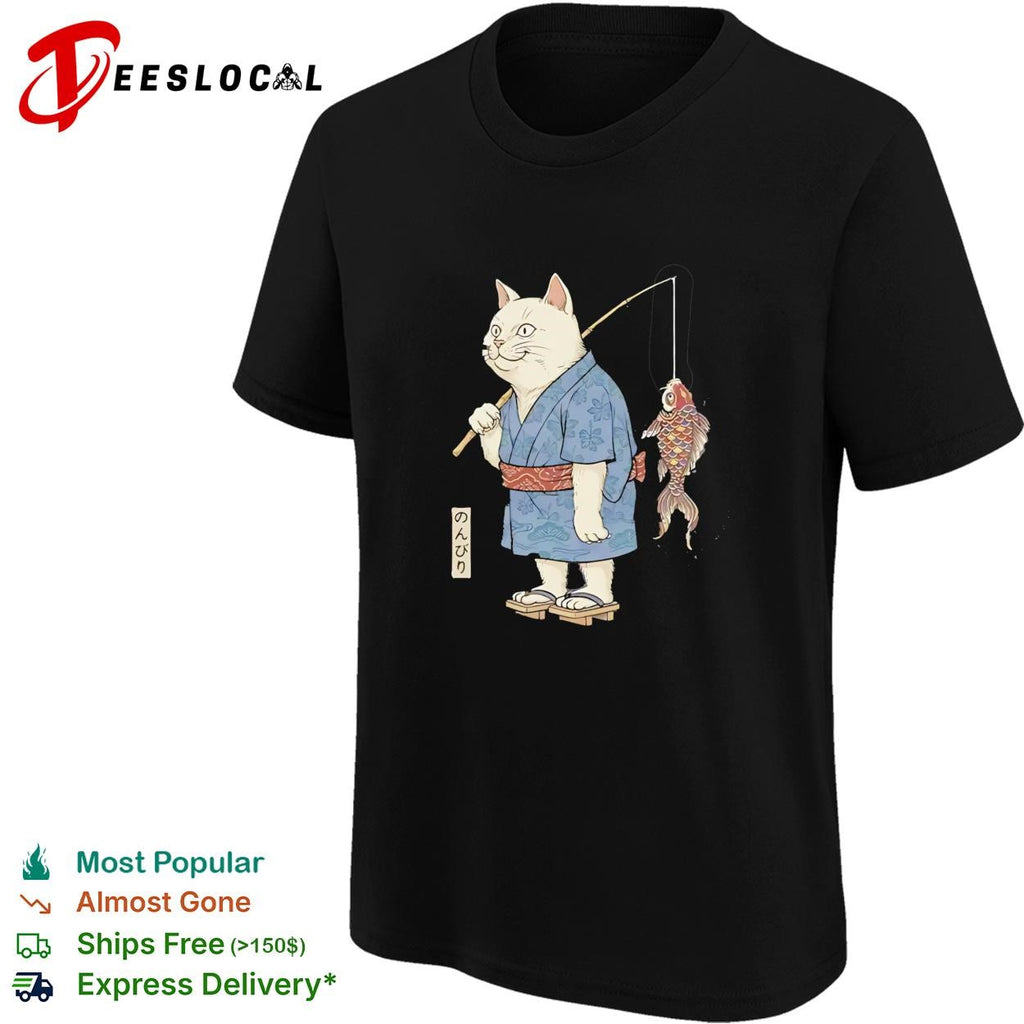 Cat fishing koi fish wearing kimono shirt