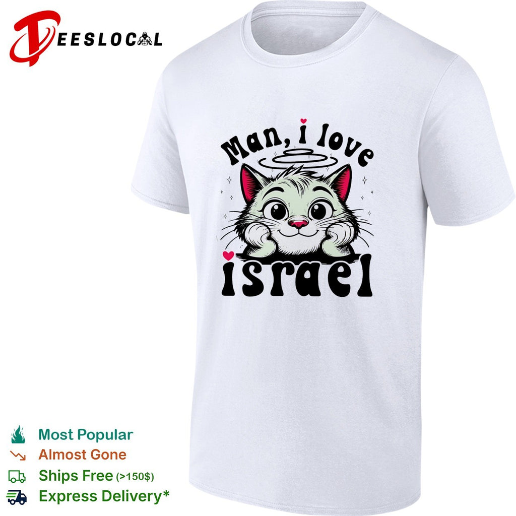 Cat resting chin on paws man I love Israel shirt