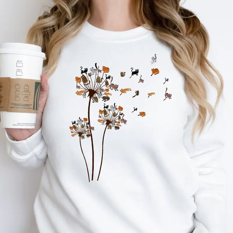 Cats Flower Fly Dandelion Sweatshirt Cute Cat Lover Crewneck