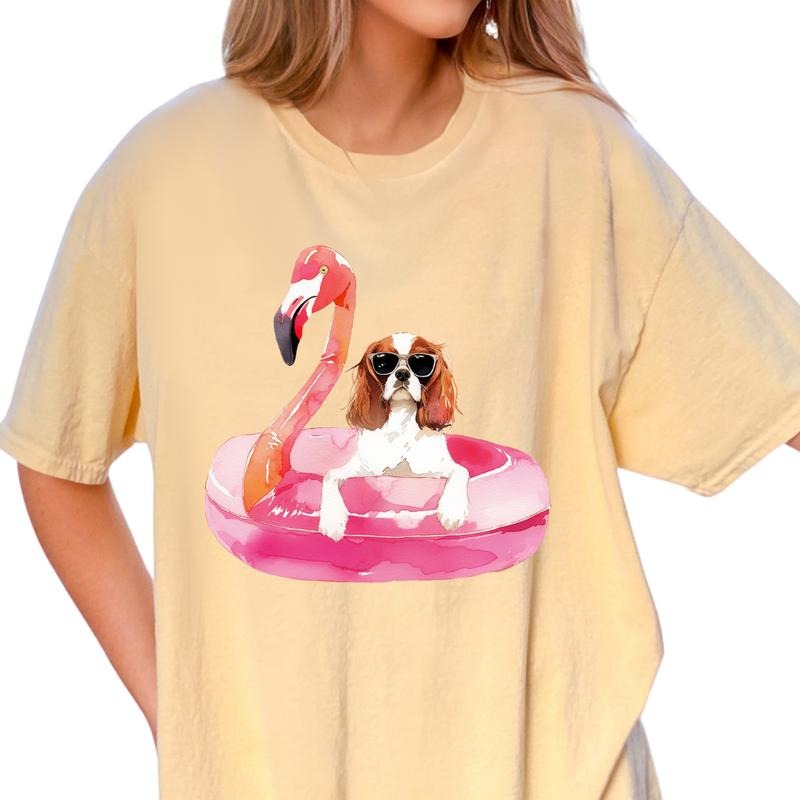 Cavalier Flamingo Float Dog Shirt ~ Unisex Apparel Relaxed Fit Printed In The USA Clothing Womenswear Casual Comfort...