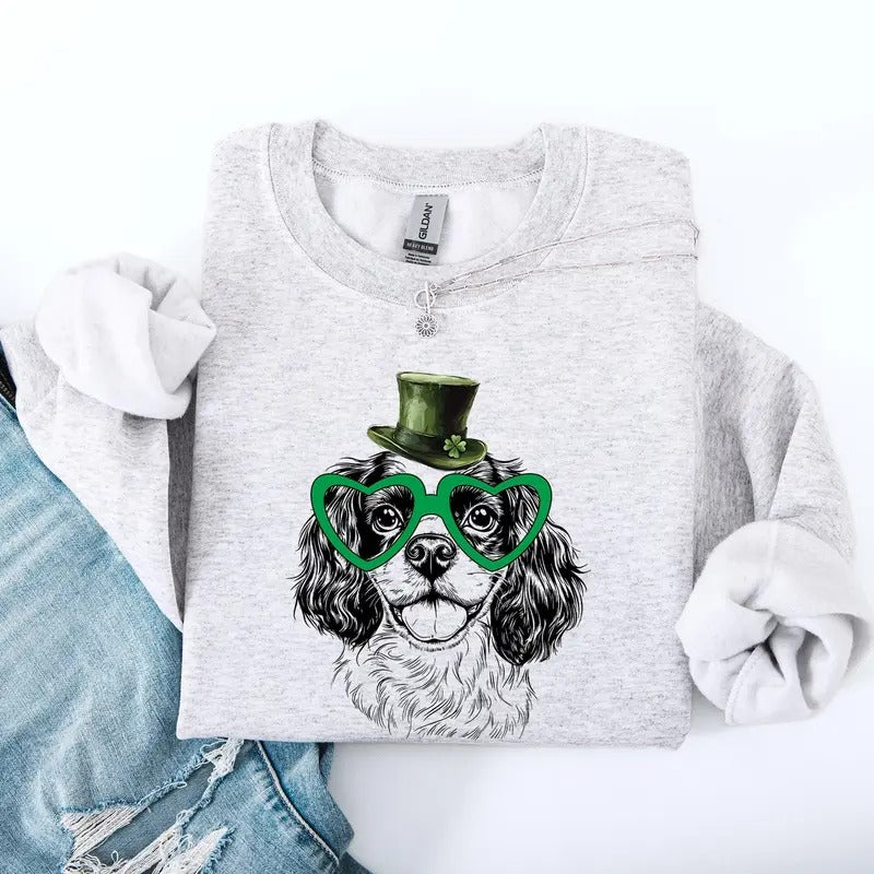 Cavalier, Adorable Dog, St Patrick's Day, Lucky, Irish Sweatshirt, Crew Neck, Women's, Crewneck Shirt Hoodie