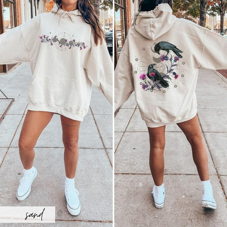 Celestial Ravens and Thistles Hooded Sweater, Moon Phase Whimsigoth Crow Hoodie, Spiritual Bird Lover Hoodie and Sweater;...