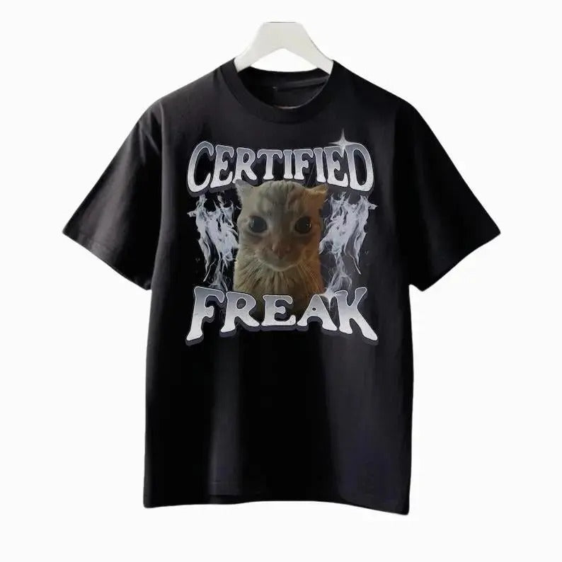 Certified Freak Funny Cat Meme Tshirt, Vintage Kitty Graphic Tee, Retro Cat Lover Shirt, Funny Pet Humor Gift, Unisex 90s...