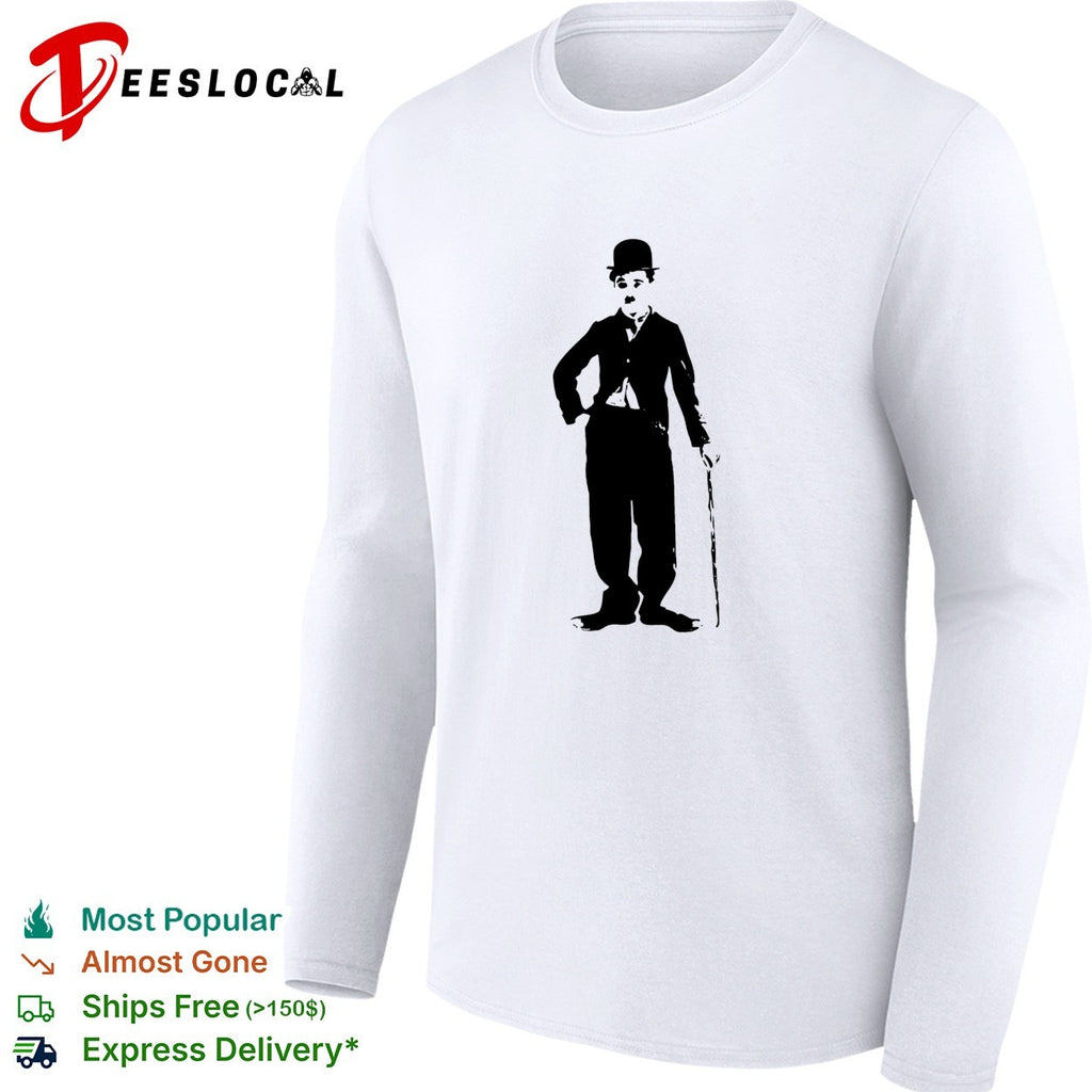 Charlie Chaplin standing with cane shirt
