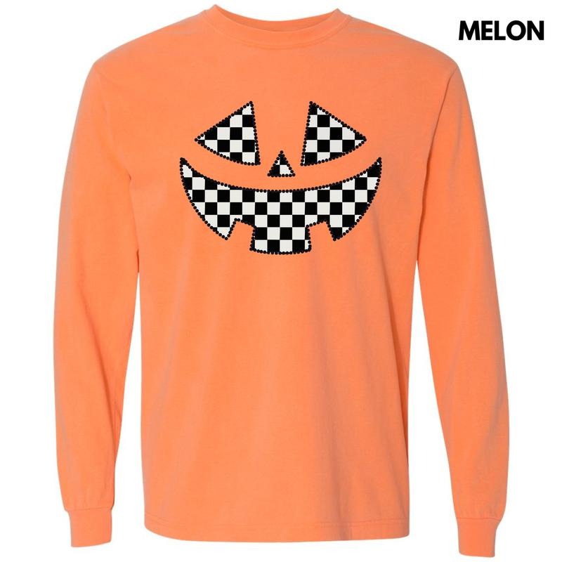 Checker Jack O Lantern Face Long Sleeve Comfort Colors T-Shirt 'NLB' Hoodie Sweatshirt | PrintMintTees.com