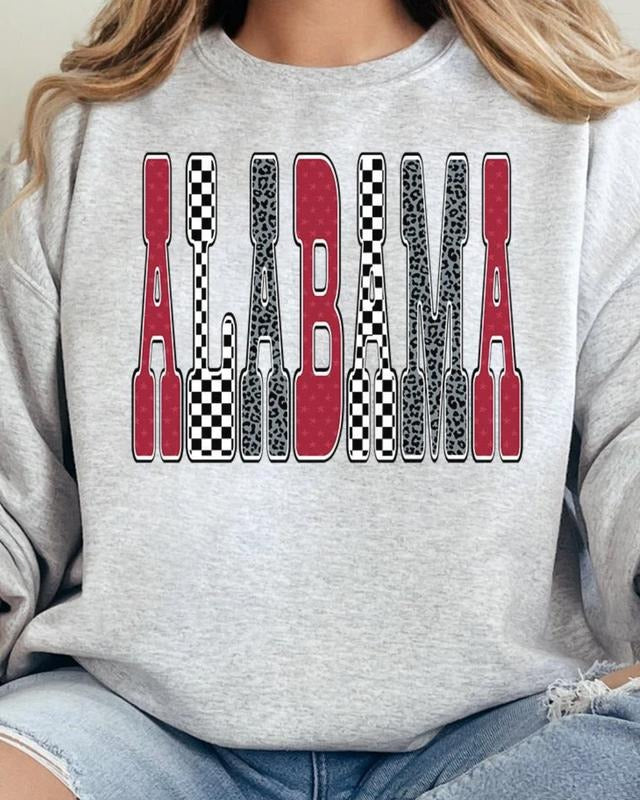 Checkered & Cheetah Alabama Heavy-weight Crew Sweatshirt Shirt Hoodie | PrintMintTees.com