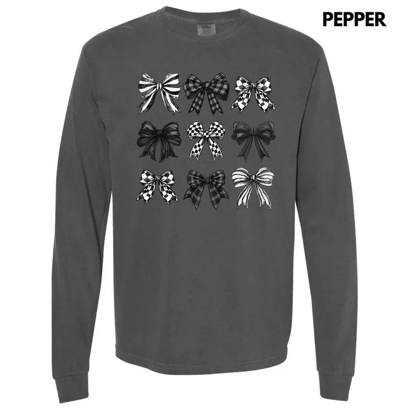 Checkered Black Bow Collage Long Sleeve Comfort Colors T-Shirt 'NLB' Hoodie Sweatshirt | PrintMintTees.com