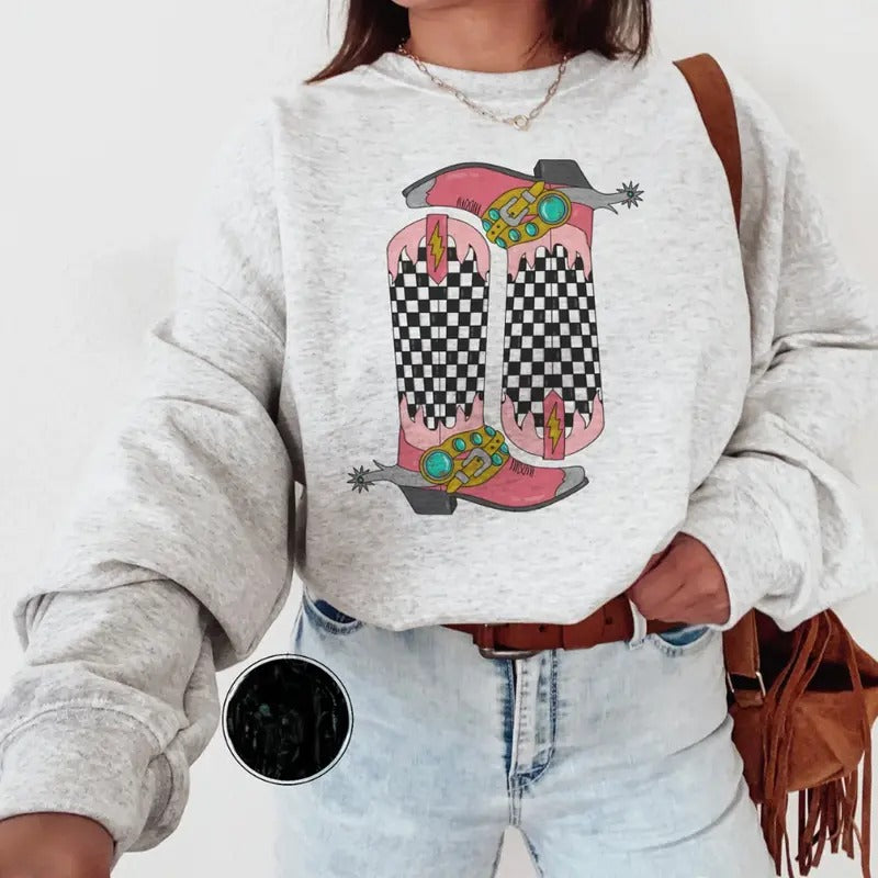 Checkered Boots Sweatshirt, western clothing hoodies, western outfits women, western tops Shirt | PrintMintTees.com