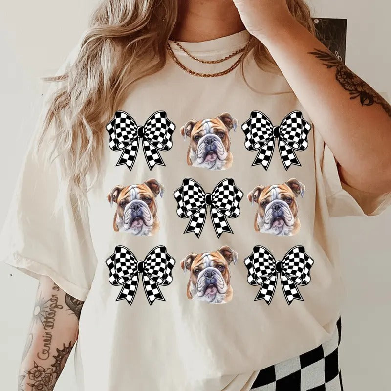 Checkered Bows & English Bulldogs Shirt ~ Unisex Apparel Relaxed Fit Printed In The USA Clothing Womenswear Casual...