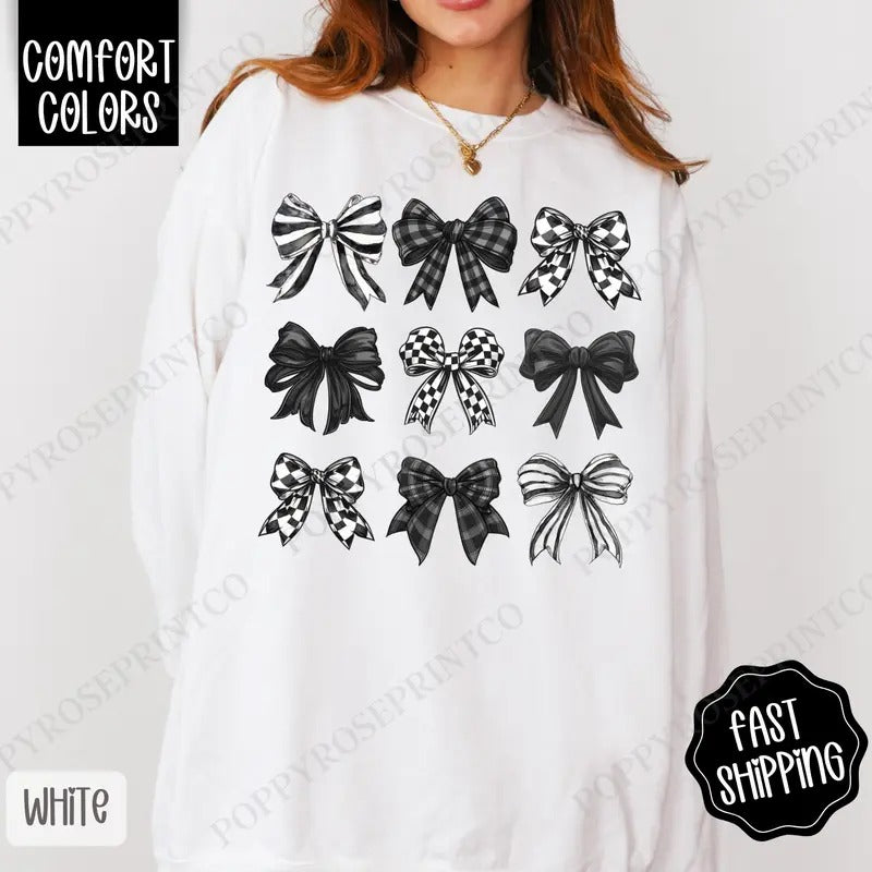 Checkered Bows Comfort Colors Sweatshirt, Coquette Black and White Bow Crewneck, Cute Women's Sweater Shirt Hoodie