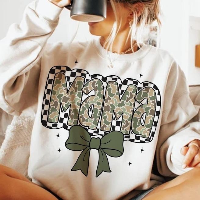 Checkered Camo Mama Coquette Bow Sweatshirt, Retro Camo Mama Tee, Camouflage Mama, Camoflage Mom Gift, Mother's Day Gift...