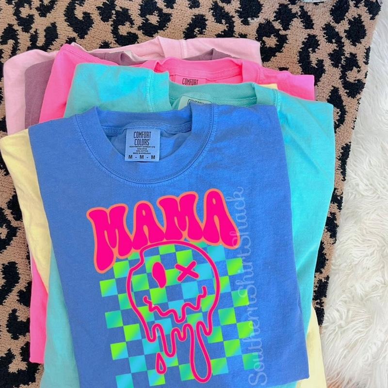 Checkered Drippy Smiley Mama t shirt  | Flo Blue comfort colors t shirt | Smiley mama t shirt Hoodie Sweatshirt