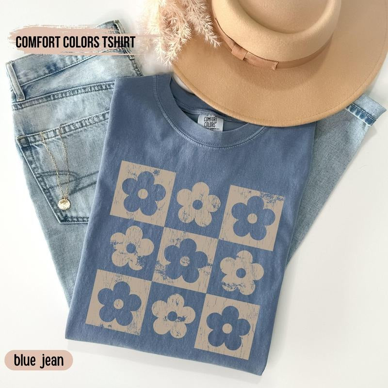 Checkered Flowers Shirt, Retro Flowers T-Shirt, Boho Floral Tee, Gift For Mom Spring T Shirt, Trendy Floral Tee, Retro...