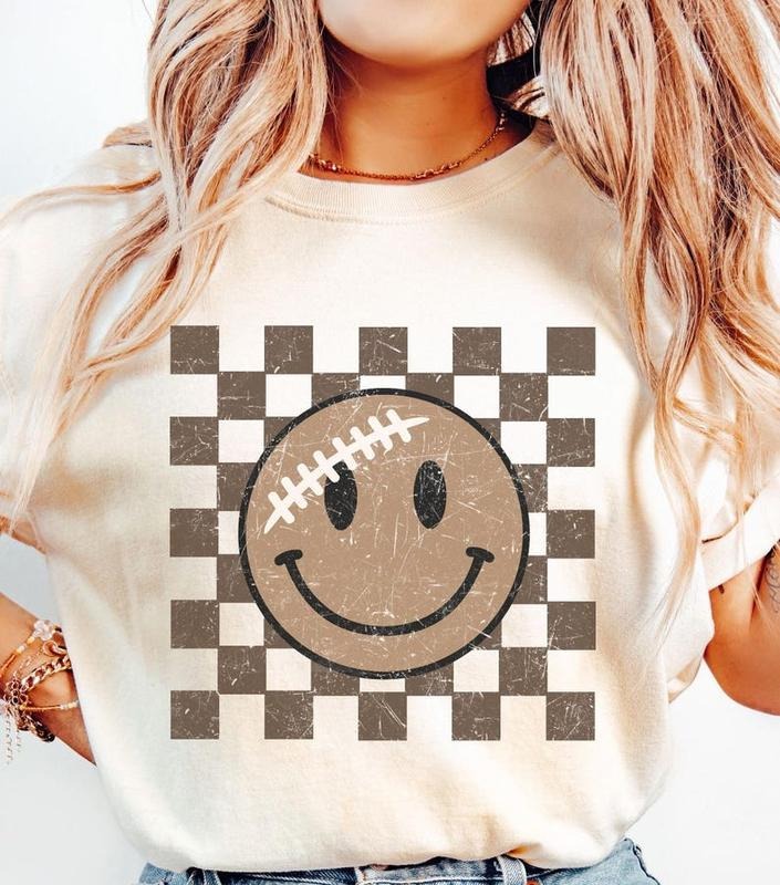 Checkered Football Smiley Face Shirt, Football Tshirt, Retro Football Crewneck, Game Day Tshirt, tshirt hot trend 2025...