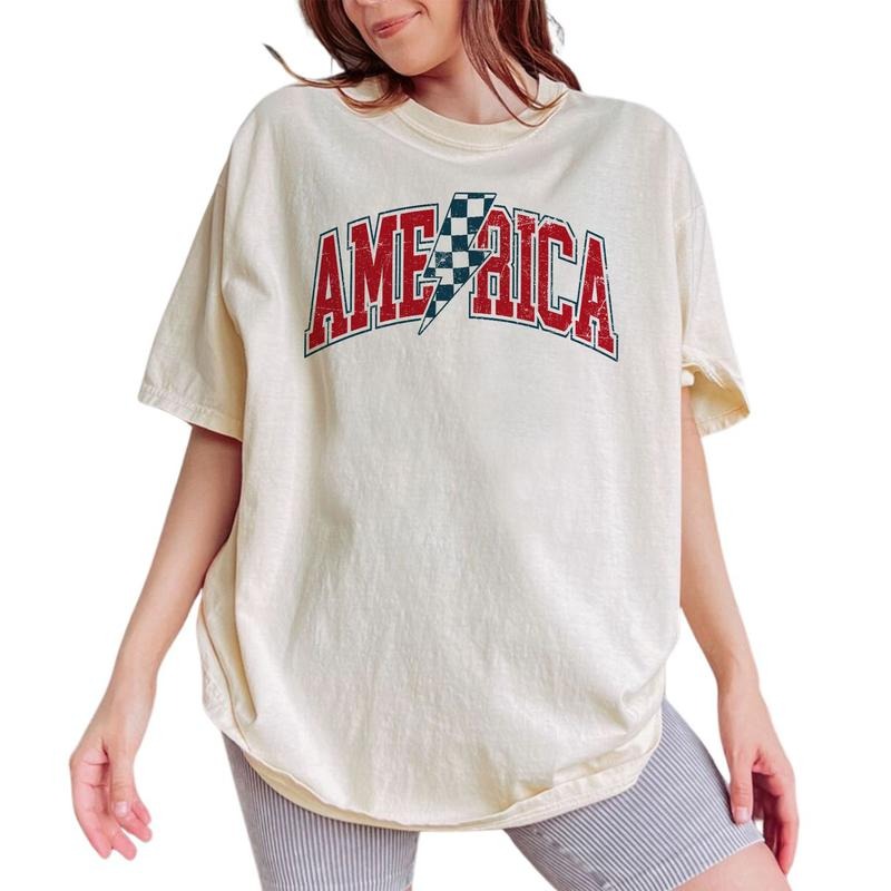 Checkered Lightning Bolt America Shirt Independence Day Shirt 4th July Retro America Vintage USA Flag Shirts Red Blue Comfort Shirt Patriotic Tops Womenswear Cotton Fabric Relaxed Fit T-Shirts, Hoodie, Sweatshirt