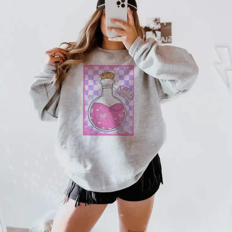 Checkered Love Potion Bottle sweawtshirt, Retro Valentine crewneck shirt for women, western outfits women, western...