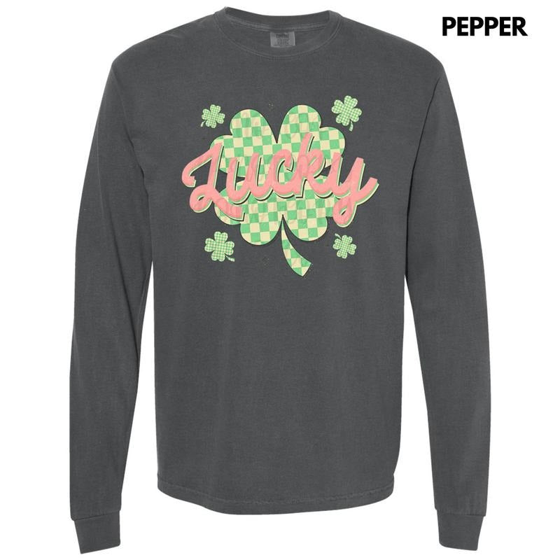 Checkered Lucky Shamrock Long Sleeve Comfort Colors T-Shirt Hoodie, Sweatshirt | PrintMintTees.com