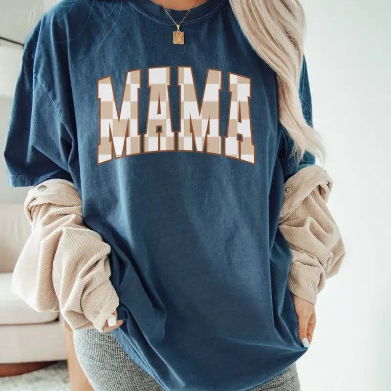 Checkered Mama Shirt, Boho Mama Shirt, Cute Mom Shirt, Varsity Letter Mama Shirt, Mothers Day Gift Hoodie Sweatshirt