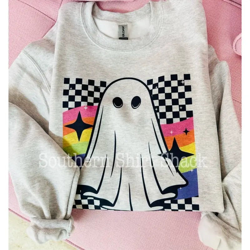 Checkered Rainbow Ghost Sweatshirt | Halloween Sweatshirt Shirt Hoodie | PrintMintTees.com
