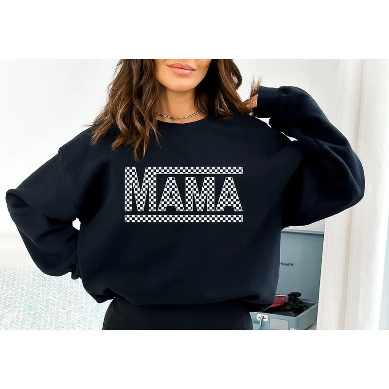 Checkered Retro Mama Sweatshirt Varsity Mom Crewneck Mother's Day Gift Retro Shirt TK62GN Hoodie | PrintMintTees.com