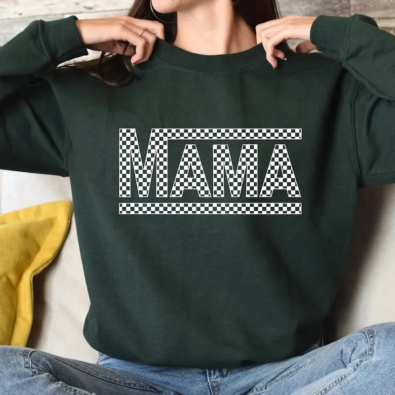 Checkered Retro Mama Sweatshirt Varsity Mom Crewneck Mother's Day Gift Retro Shirt Hoodie | PrintMintTees.com