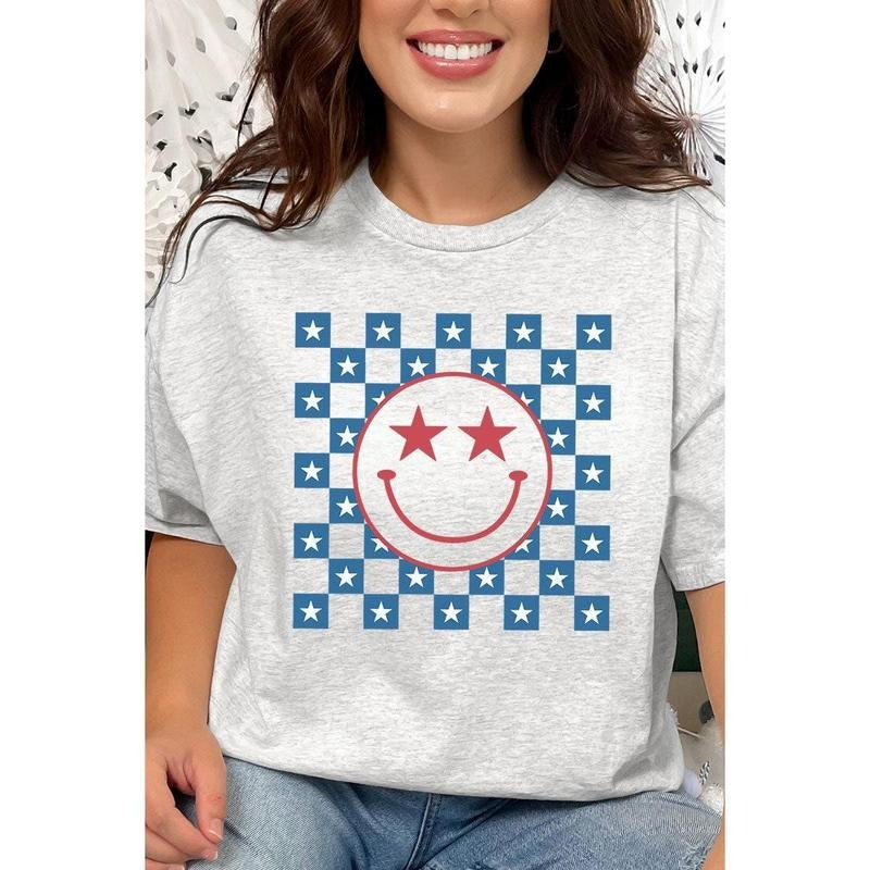 Checkered Retro Patriotic Smile Short Sleeve Relaxed Fit T-Shirt Hoodie Sweatshirt | PrintMintTees.com