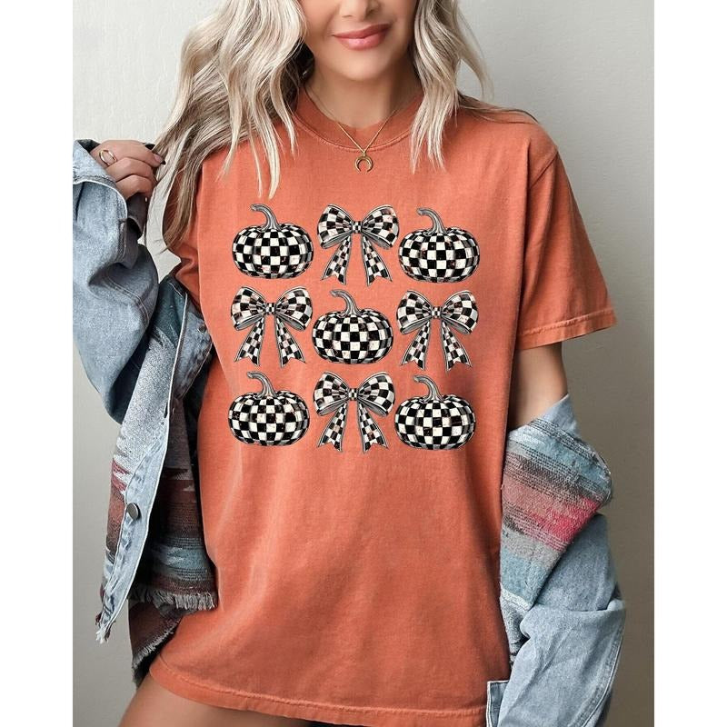 Checkered Retro Pumpkins Coquette Ribbons Bows Halloween Autumn Fall Shirt Comfort Color T-Shirts, Hoodie, Sweatshirt