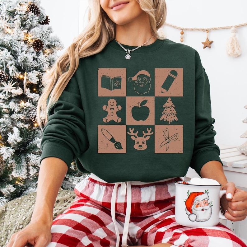Checkered Teacher Christmas Shirt, Santa's Favorite Teacher Sweatshirt, Very Merry Teacher T-shirt, Teacher Squad,...